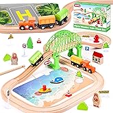 Wooden Train Set 61-Piece for Toddlers Kids Ages 3-8, Double-Sided Expandable Train Track with Puzzles & Magnetic Fishing Toys Compatible with Major Brands, STEM Railway Playset Gifts for Boys Girls