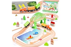 TIKTILES Wooden Train Set 61-Piece for Toddlers Kids Ages 3-8, Double-Sided Expandable Train Track with Puzzles & Magnetic Fishing Toys Compatible with Major Brands, STEM Railway Playset Gifts for Boys Girls