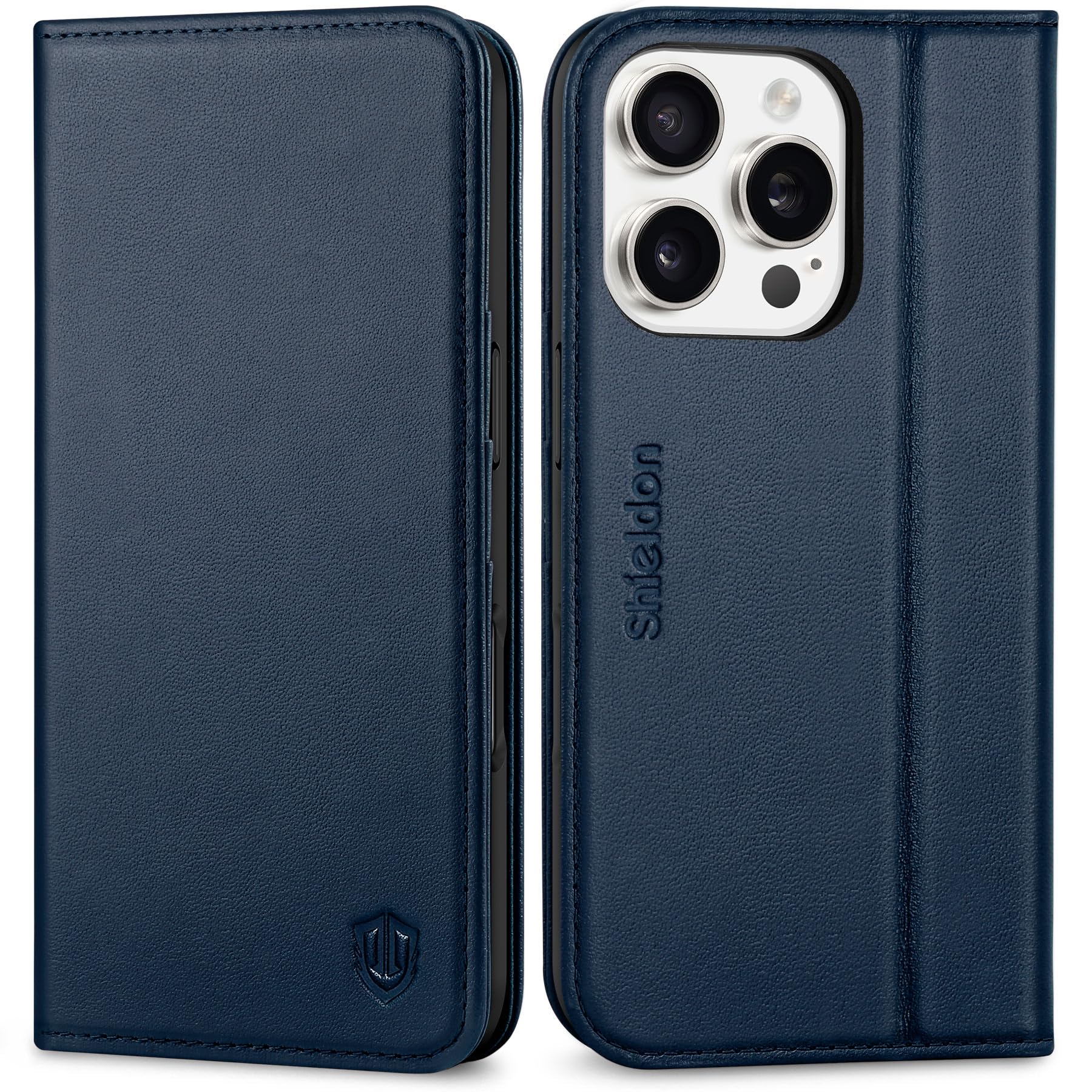 SHIELDON Wallet Case for iPhone 16 Pro, Genuine Leather Shockproof Folio Case with [Card Holder][RFID Blocking][Viewing Stand][TPU Shell] Magnetic Flip Cover Compatible with iPhone 16 Pro - Navy Blue — image 1
