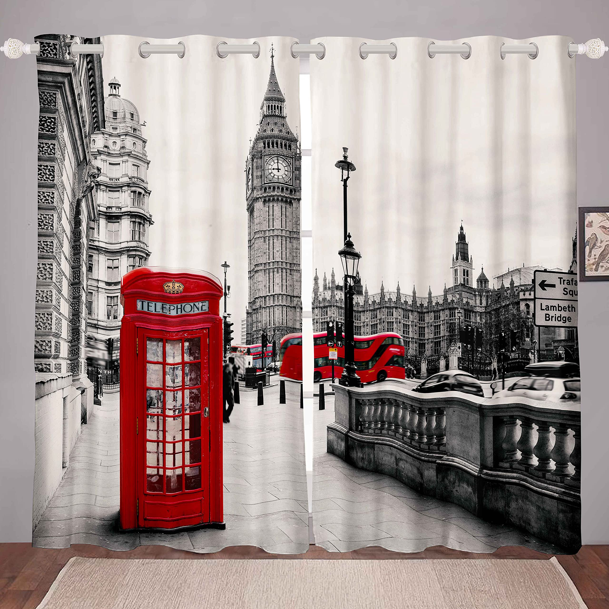 Tbrand Big Ben Red Phone Booth London Street Curtains for Bedroom Living Room - British Cityscape Windows Drapes for Kids, Boys, Girls, Adults - Western Building Design, W46*L54