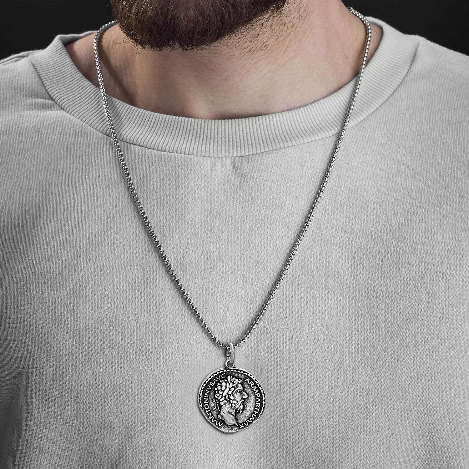 Steve Madden Men's Oxidized Marcus Aurelius Roman Coin Design Pendant Chain Necklace in Stainless Steel, Silver, 28 | 