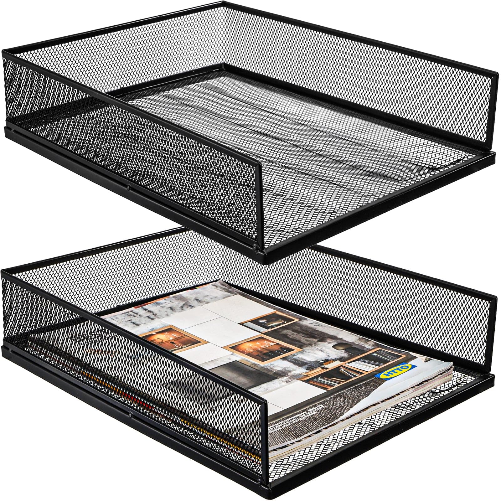 Photo 1 of YOUEON 2 Pack Wire Mesh Letter Trays 12.8"x10"x2.9", Stackable Paper Tray Organizer for Desk, Metal Desk Magazine File Holder for Home, Office, School