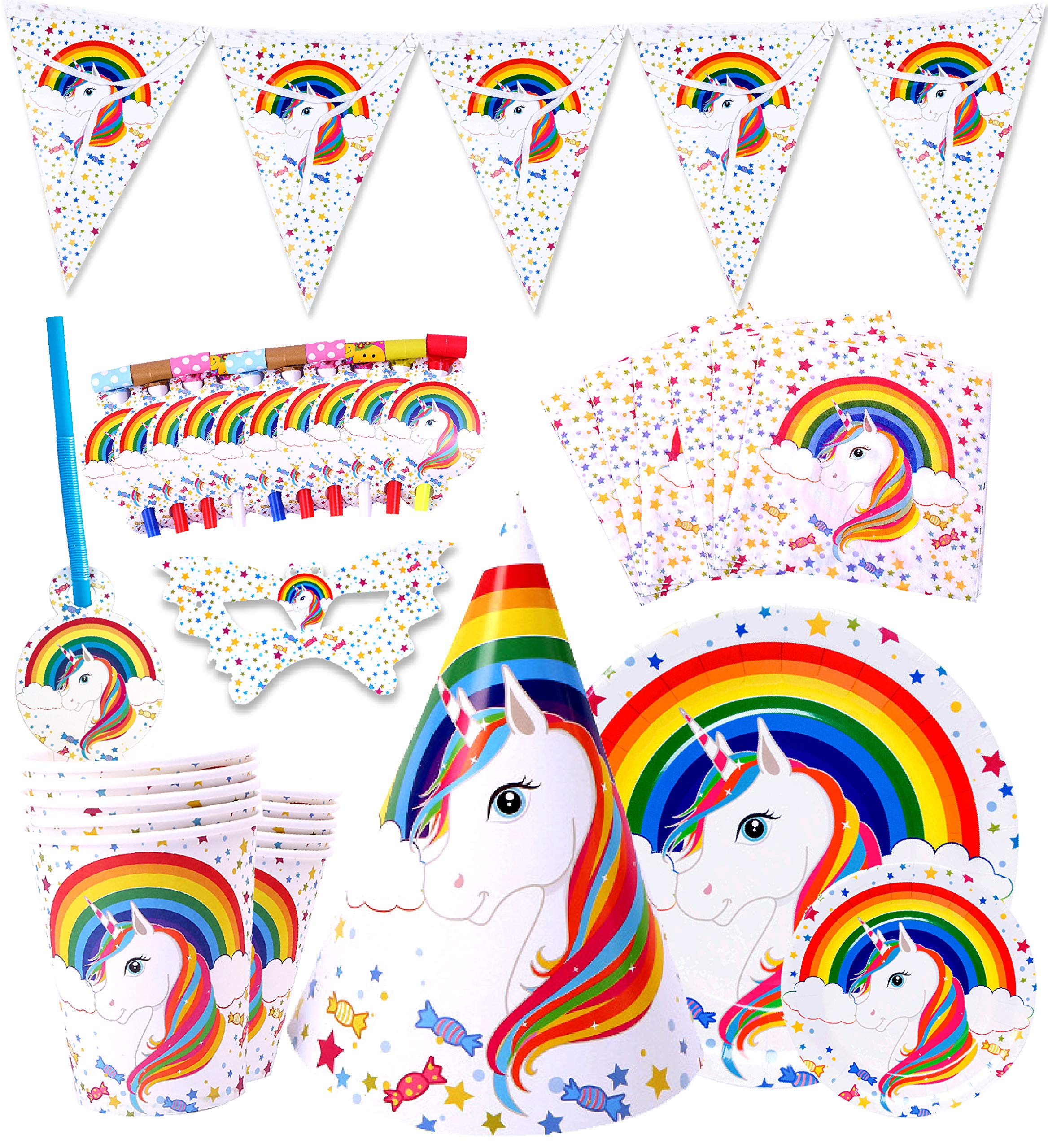 Sigmy Unicorn Party Supplies - (152 PCS)  All-in-One Rainbow Set: Plates, Utensils and Decorations Pack, Serves 10 People. Includes Banner, Hats, Bags, Invitations, Cups, Tablecloth