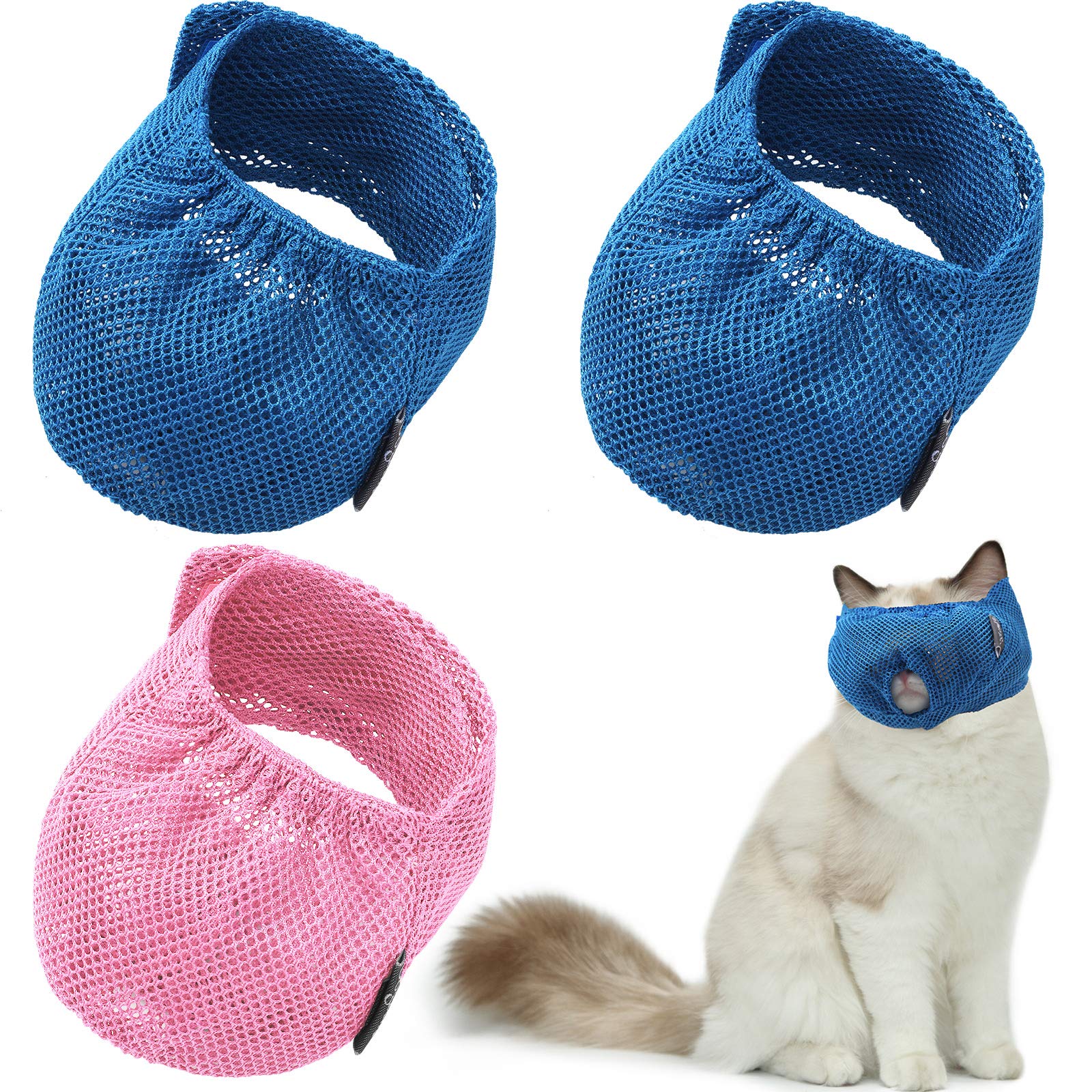 Photo 1 of Weewooday 3 Pieces Cat Muzzles Breathable Mesh Muzzles Cat Grooming Restraint Bags with Muzzle Anti Bite Anti Meow to Prevent from Biting(Blue, Pink)