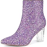 Allegra K Women's Clear Block Heel Glitter Purple Ankle Boots 8 m US