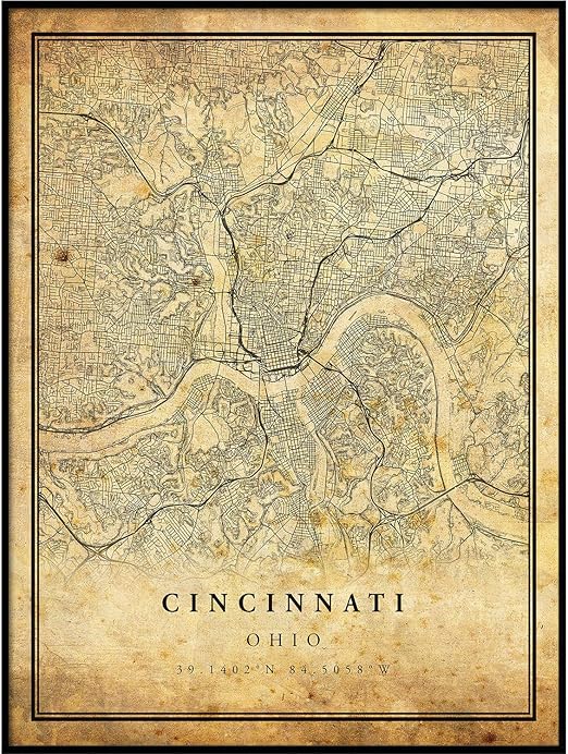 Amazon Com Cincinnati Map Vintage Style Poster Print Old City Artwork Prints Antique Style Home Decor Ohio Wall Art Gift Vintage Map Art 24x36 Posters Prints
