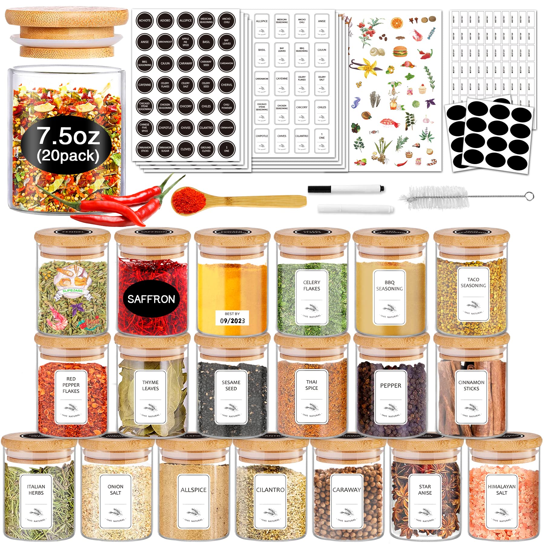Photo 1 of SLifeJars-Spice Jars with Label, 7.5 oz 20pcs Spice Containers Glass Jars with Bamboo Lids, Seasoning Containers Bottles,Airtight Empty Spice Jars for Spice Rack, Drawer,Cabinet,Pantry