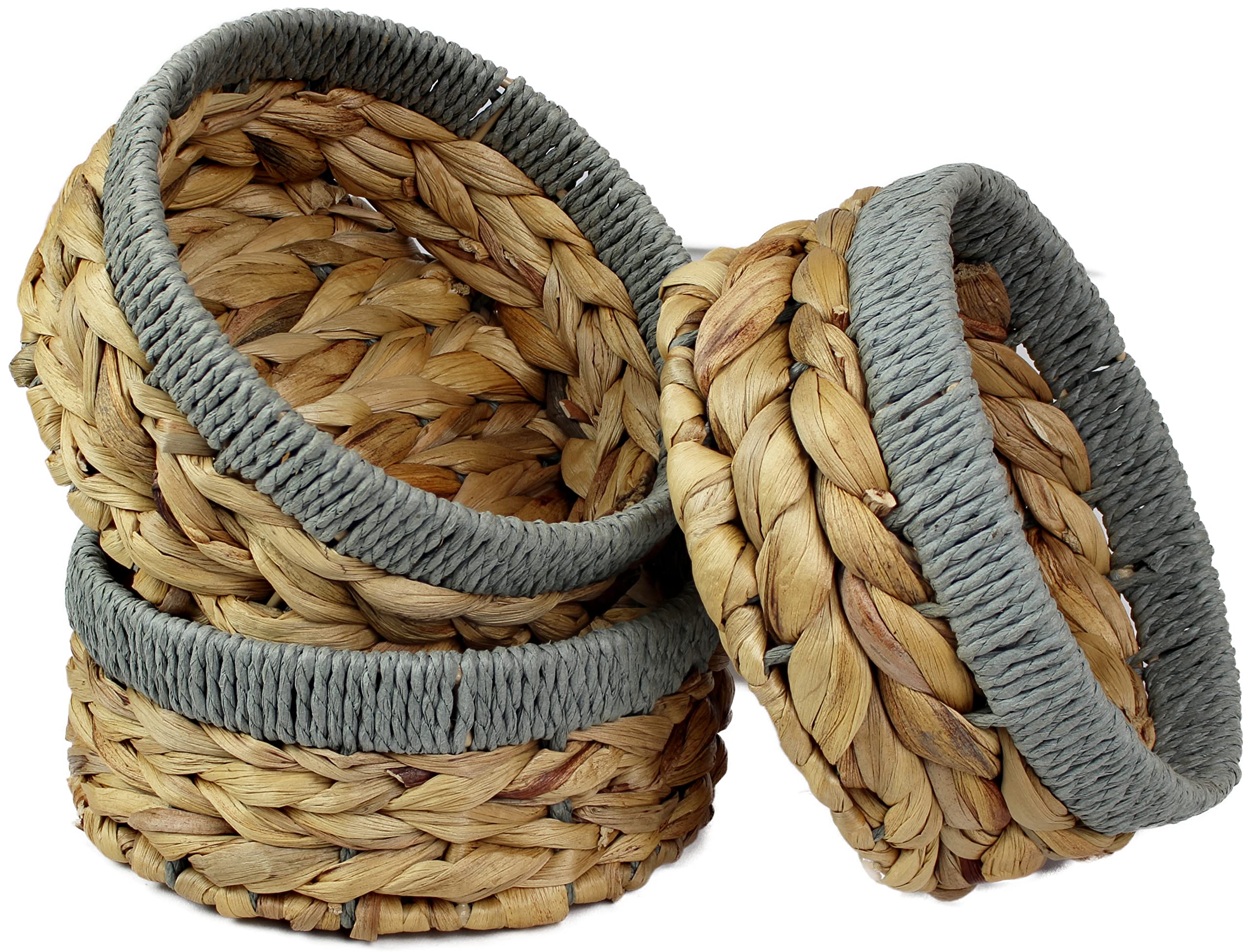 Small Water Hyacinth round baskets for storage Natural colour with grey edges shelves open. Decorative gift box Small bathroom mini tray makeup bathroom Kitchen organiser (Medium 18cm, 3 X Basket)