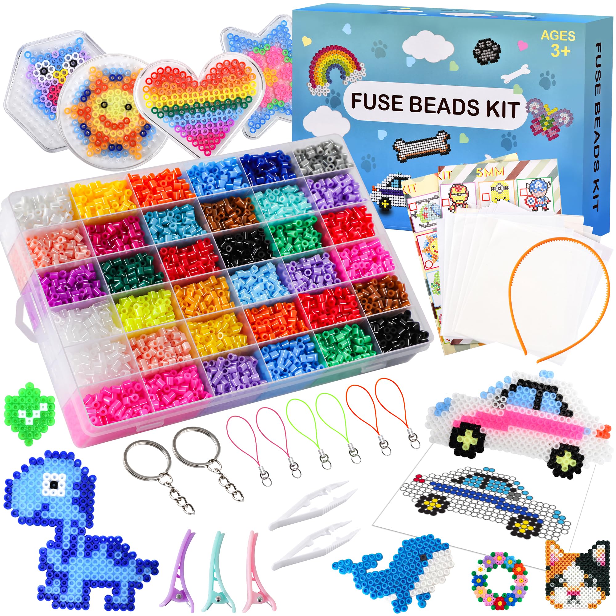 DazSpirit 10000pcs Fuse Beads Craft Kit - with Glow in The Dark and Glitter Bead, 36 Colors 5mm Fuse Beads with 104 Pattern Sheets, Comes with Tweezers, Pegboards, Ironing Papers, Craft Kits for Kids