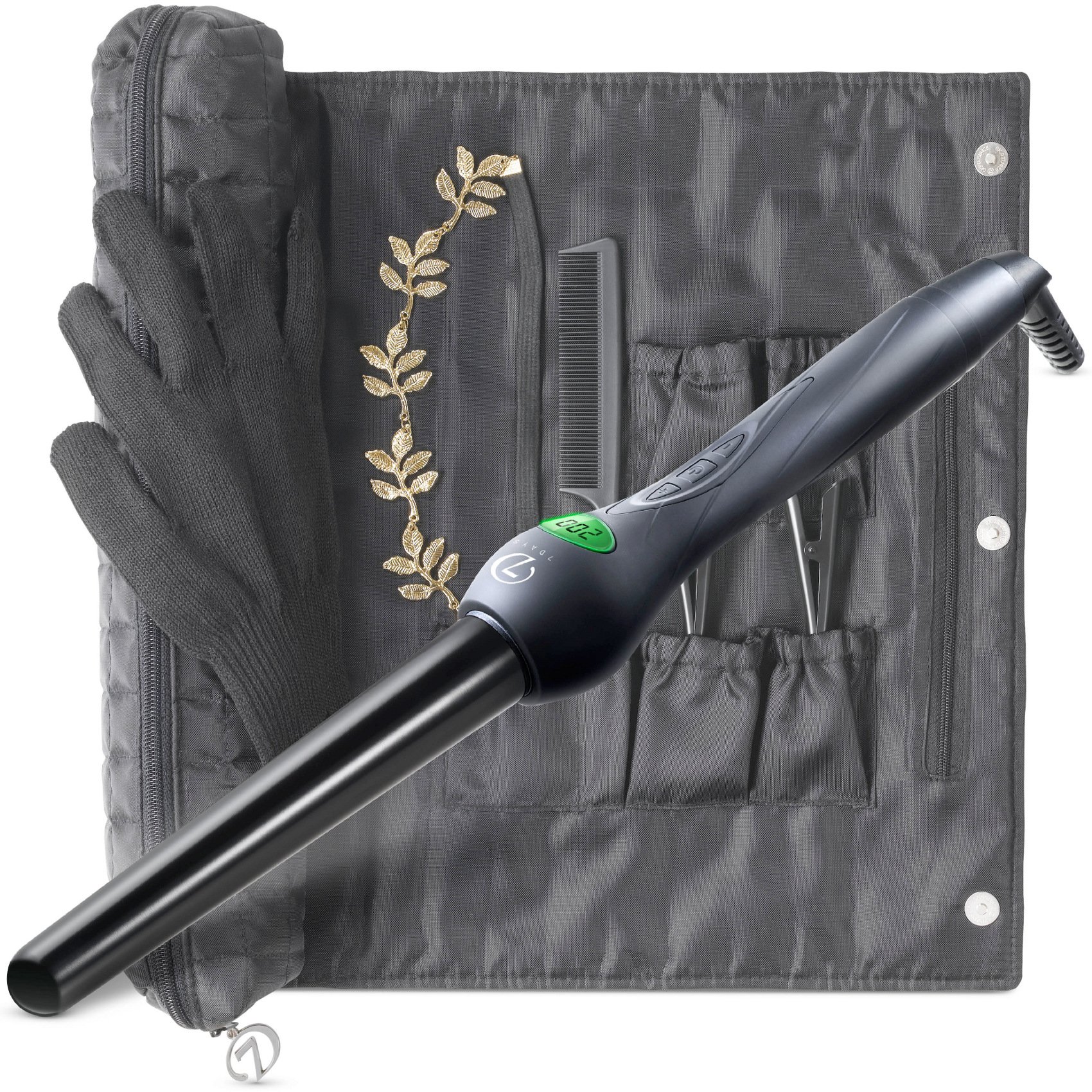 7 Days Lockenstab Set mit Accessoires – Lebenslange Garantie Curler 18mm-25mm Stab mit Keramik Beschichtung & LCD Display, Alle Haartypen (Schwarz)