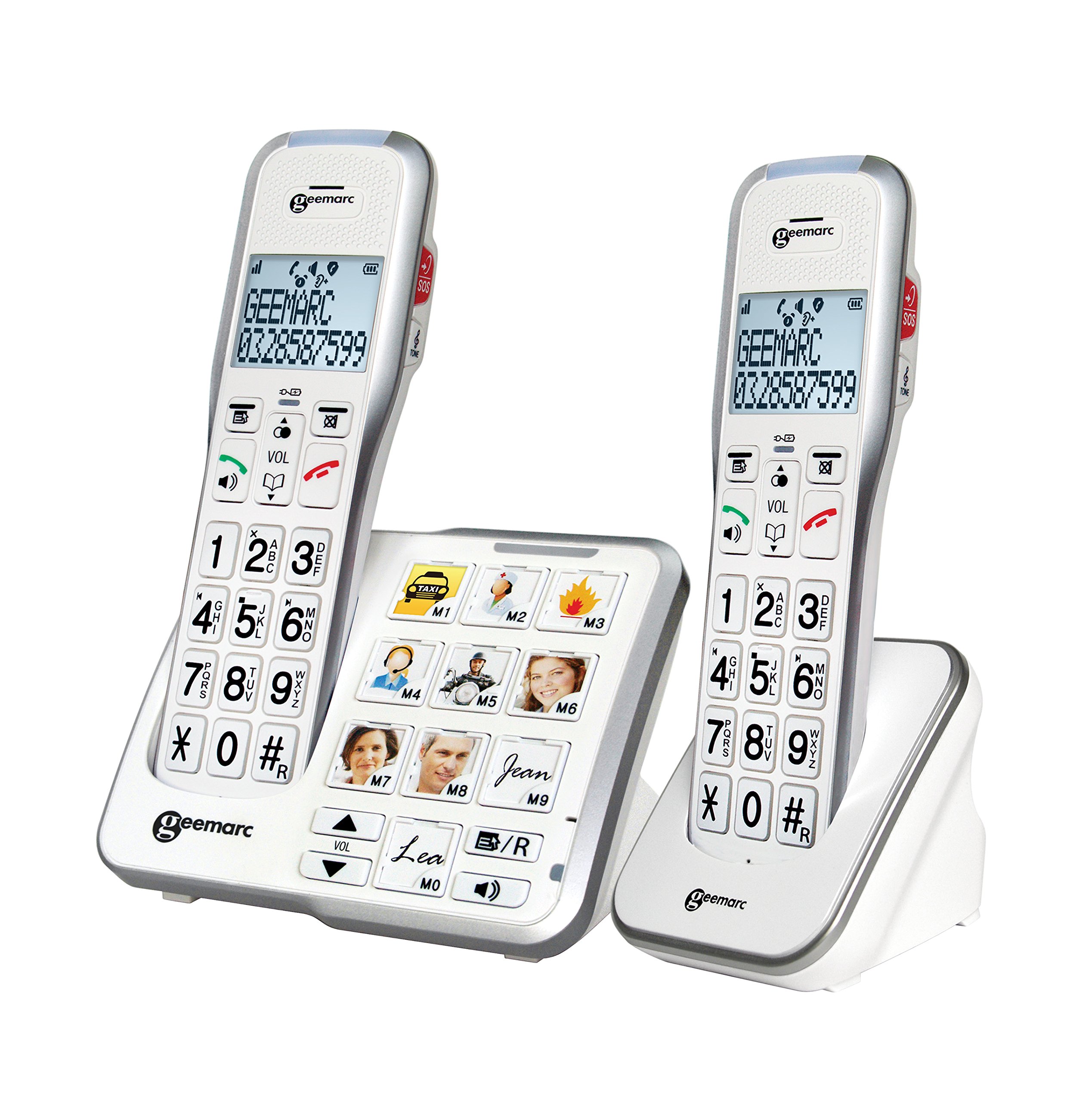Geemarc AmpliDECT 595 DUO : 2 schnurlose verstärkte 50 dB Schwerhörigentelefone mit Fototasten, Anrufbeantworter, Sprachansage und SOS Taste - Deutsche Version