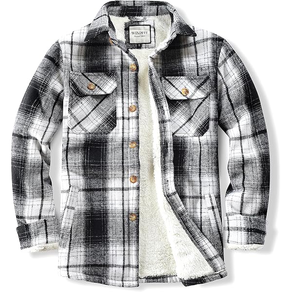 WINDFIT Men's Cotton Sherpa Lined Button Down Flannel Shirt Jacket