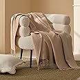 Double Stitch Cashmere Cotton Throw Blanket, Soft & Cozy Blanket with Decorative Fringes for All-Seasons, Ideal for Couch & Bed, Classic Design with Gift Box, Milky Tan, 50" x 60"