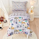 lasoftan Construction Toddler Bedding Set for Boys, 4 Piece Bed-in-a-Bag Toddler Comforter Sets, Excavator, Cars Printed, Super Soft and Comfortable Microfiber Todeeler Bed Set
