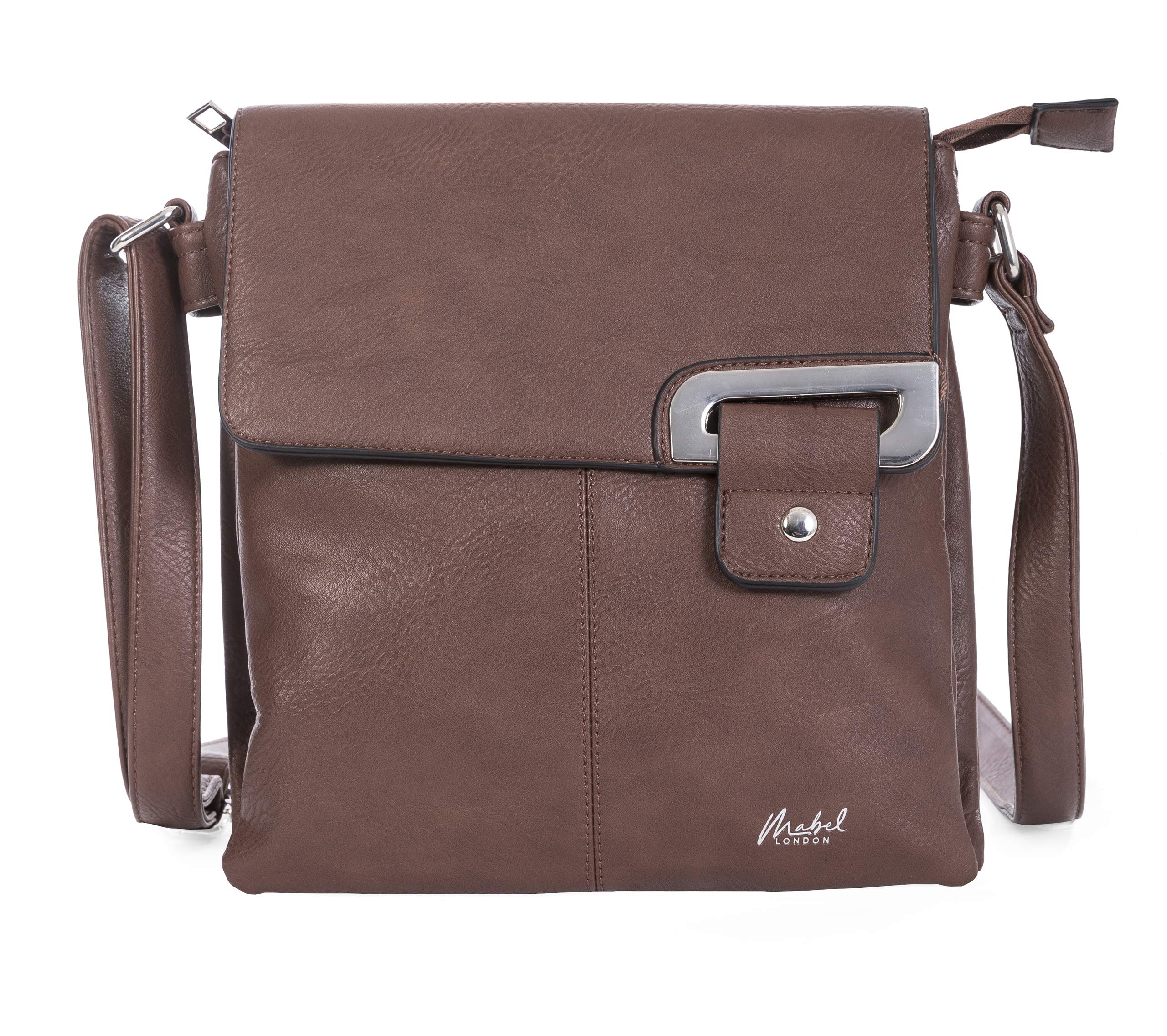Mabel London Women's Crossbody Messenger Bag – Medium Shoulder Handbag with Adjustable Strap and Gold or Silver Trim – Faith (Dark Tan - Silver Trim)