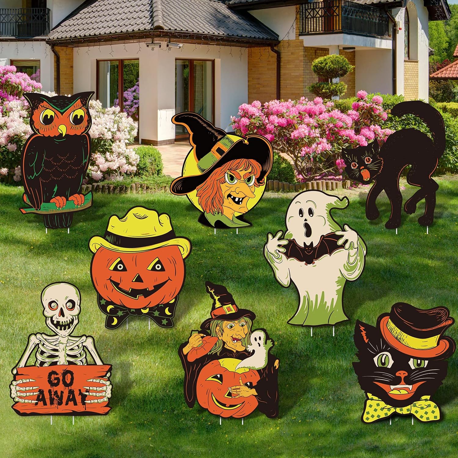 Yard Signs - 8 Pieces Halloween Yard Signs Vintage Lawn Decorations with Stakes Sturdy Corrugated Plastic Outdoor Decorations Witch Black Cat Pumpkin Ghost Owl Skeleton Garden Signs for Scary Halloween Party