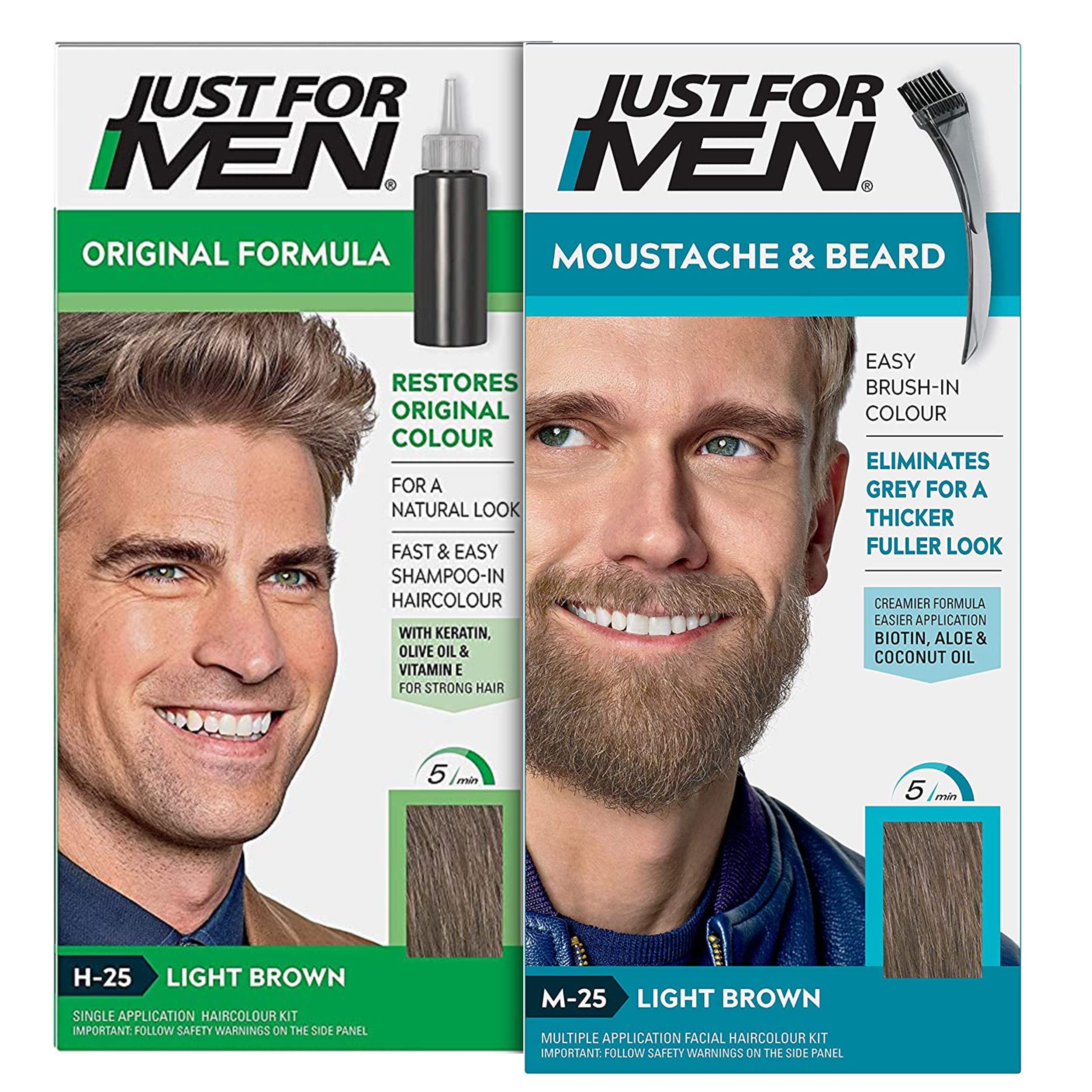 Just for Men Original Formula Light Brown Hair Dye, Natural Look – H25 & Just for Men Moustache & Beard Light Brown Dye, Eliminates Grey – M25
