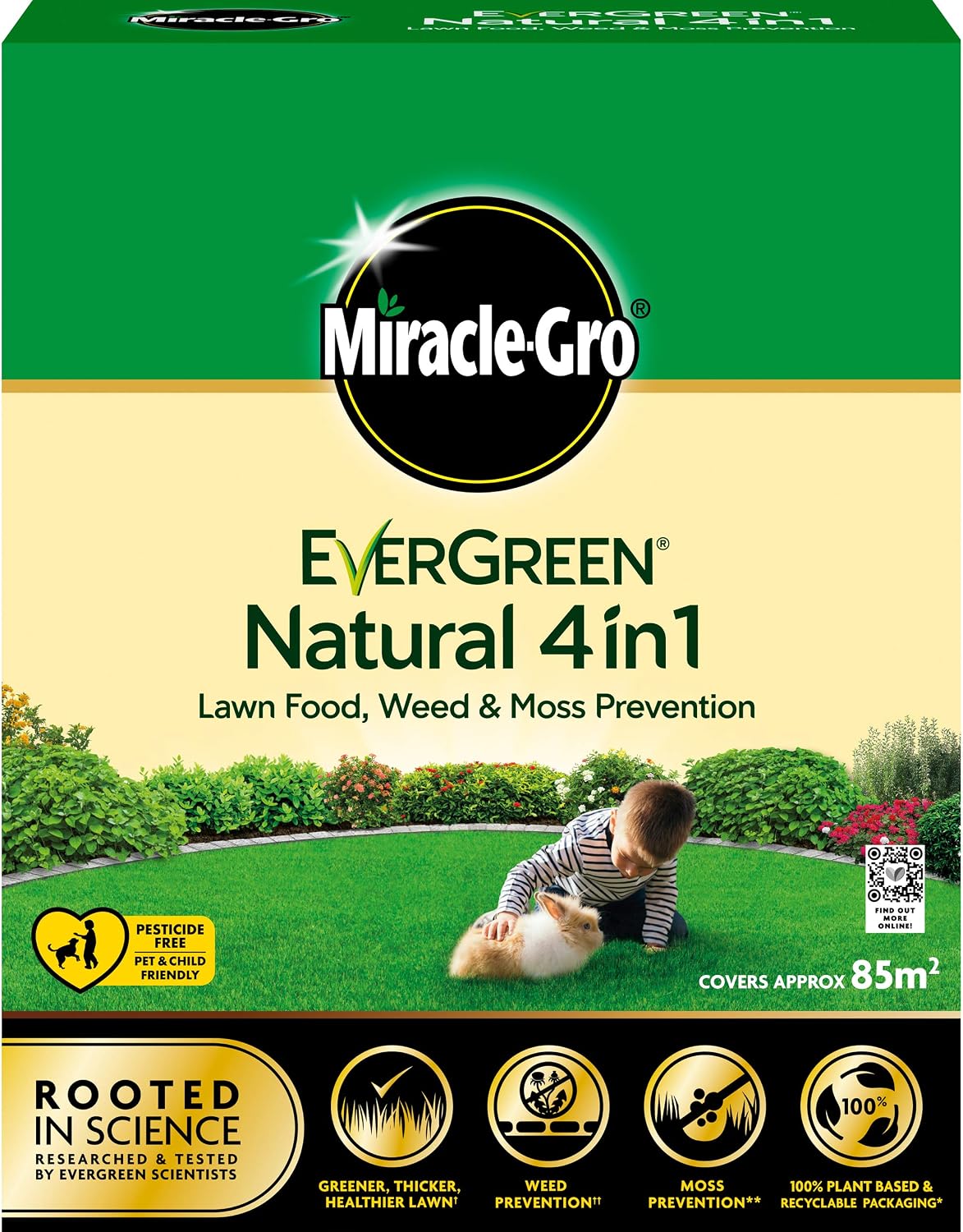 Miracle-Gro Natural 4 in1-Lawn Feed, Weed & Moss Preventor Lawn Fertiliser, 85 m2, Various, 85 m²