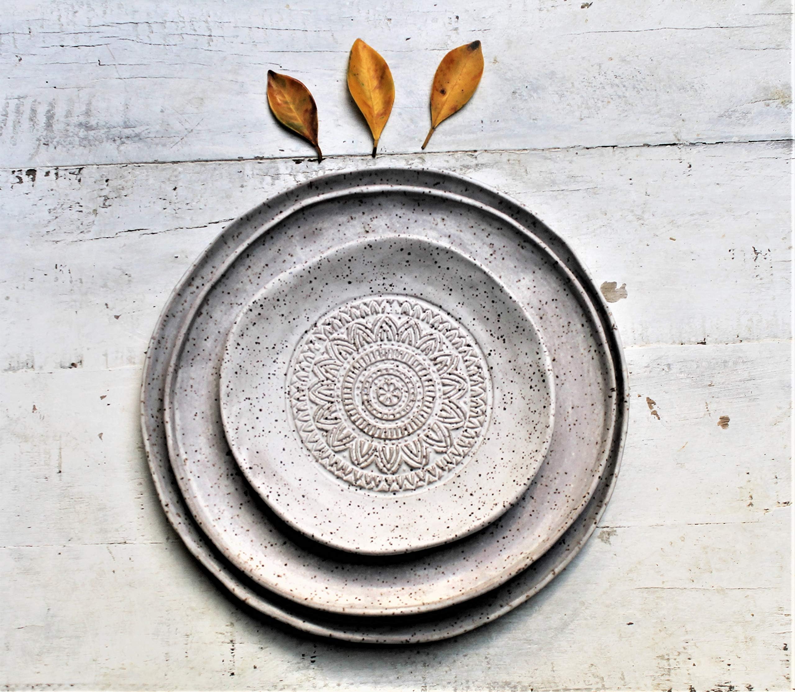 Handmade Pottery Plates Set - Speckled white matte Organic Shape Textured Plates - Stoneware Plates - Stoneware Serving Plates in white matte