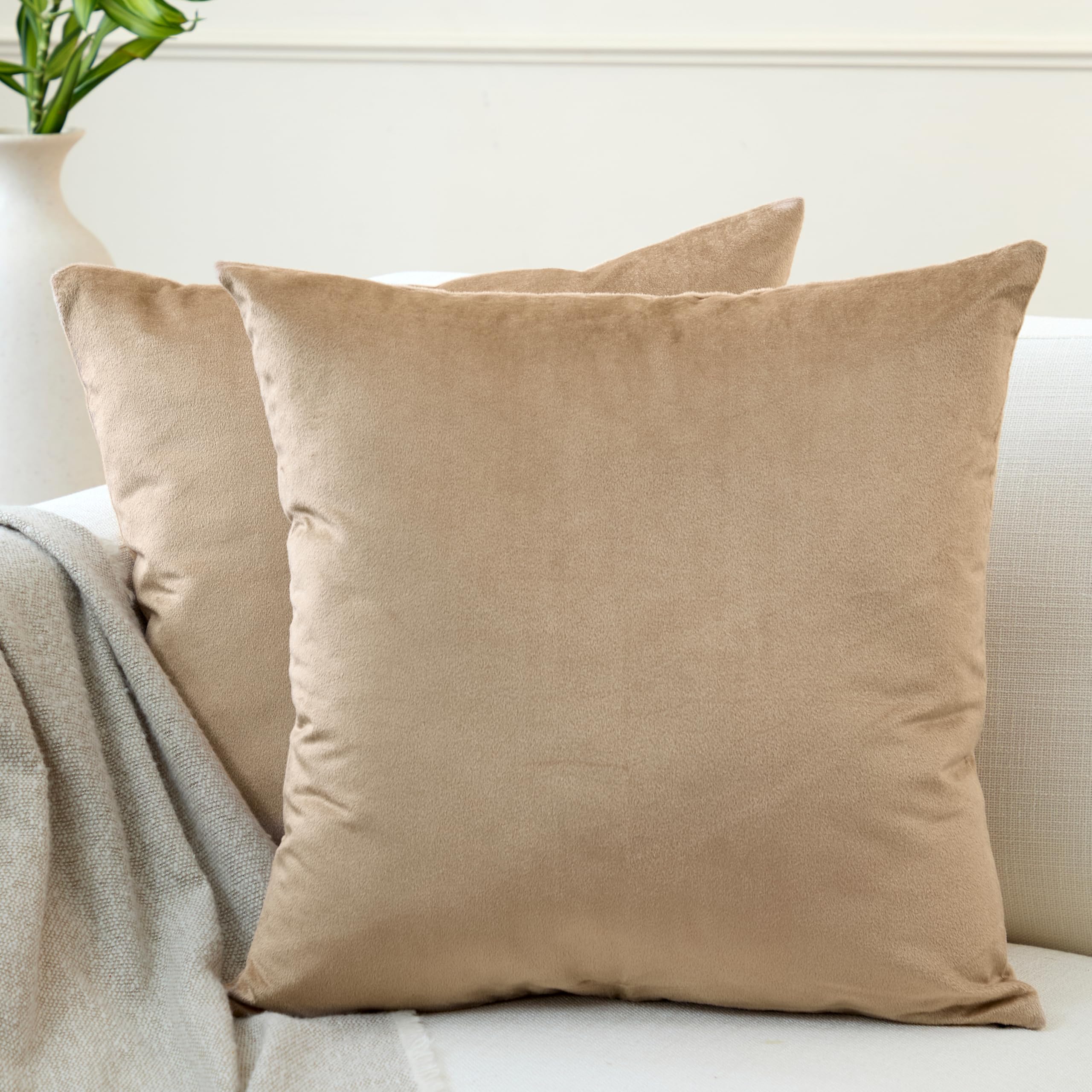 Encasa XO Velvet Cushion Covers (60x60 cm) Set of 02 | Beige | Luxurious Square Velvet Throw Pillow Covers With Invisible Zippers | Living Room, Sofa, Chair