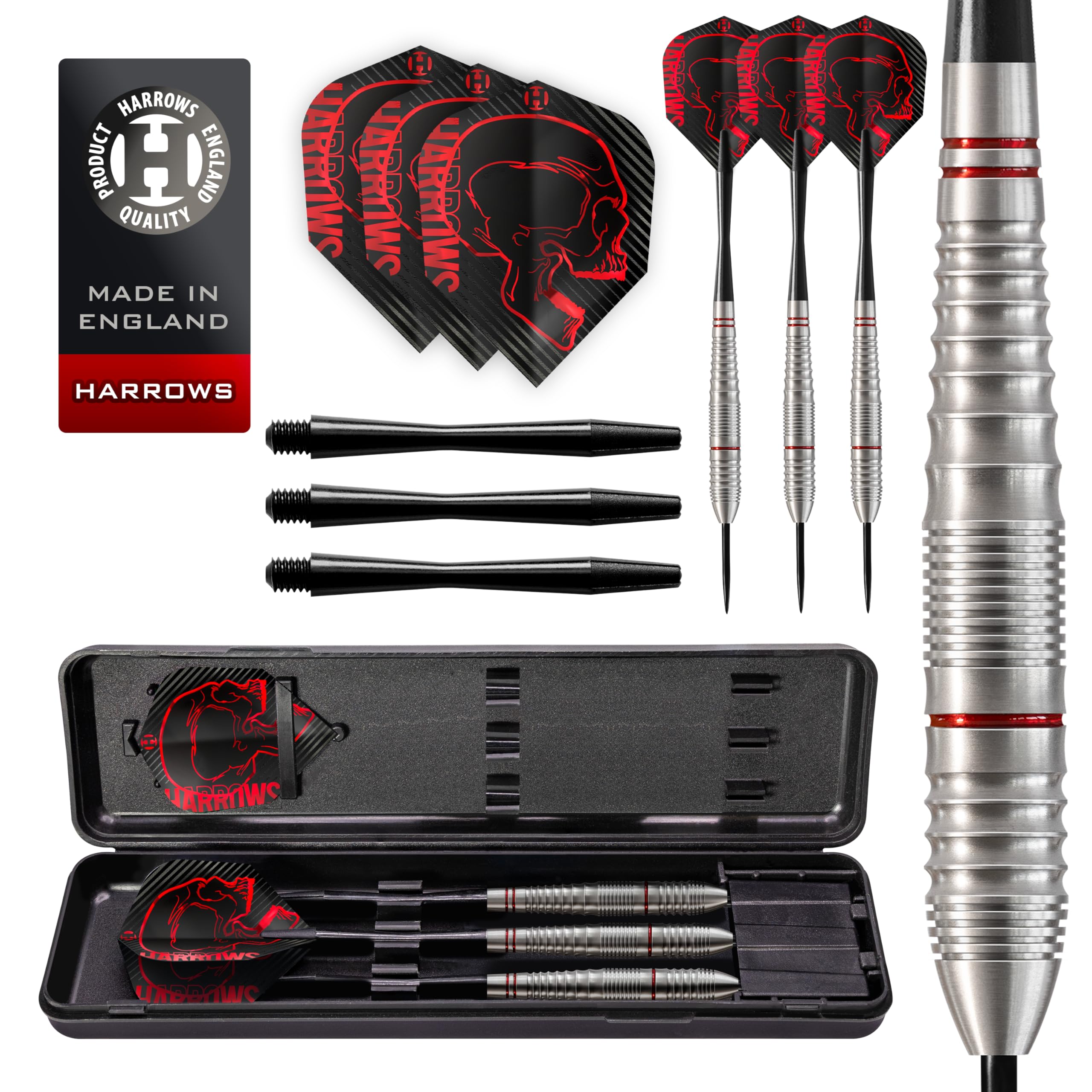 Harrows Rage, Tungsten Style Darts, Steel Tip Darts Set 21g, 22g, 23g, 24g - Includes Black Speedline Shafts, Micron Rage Flights & Travel Case