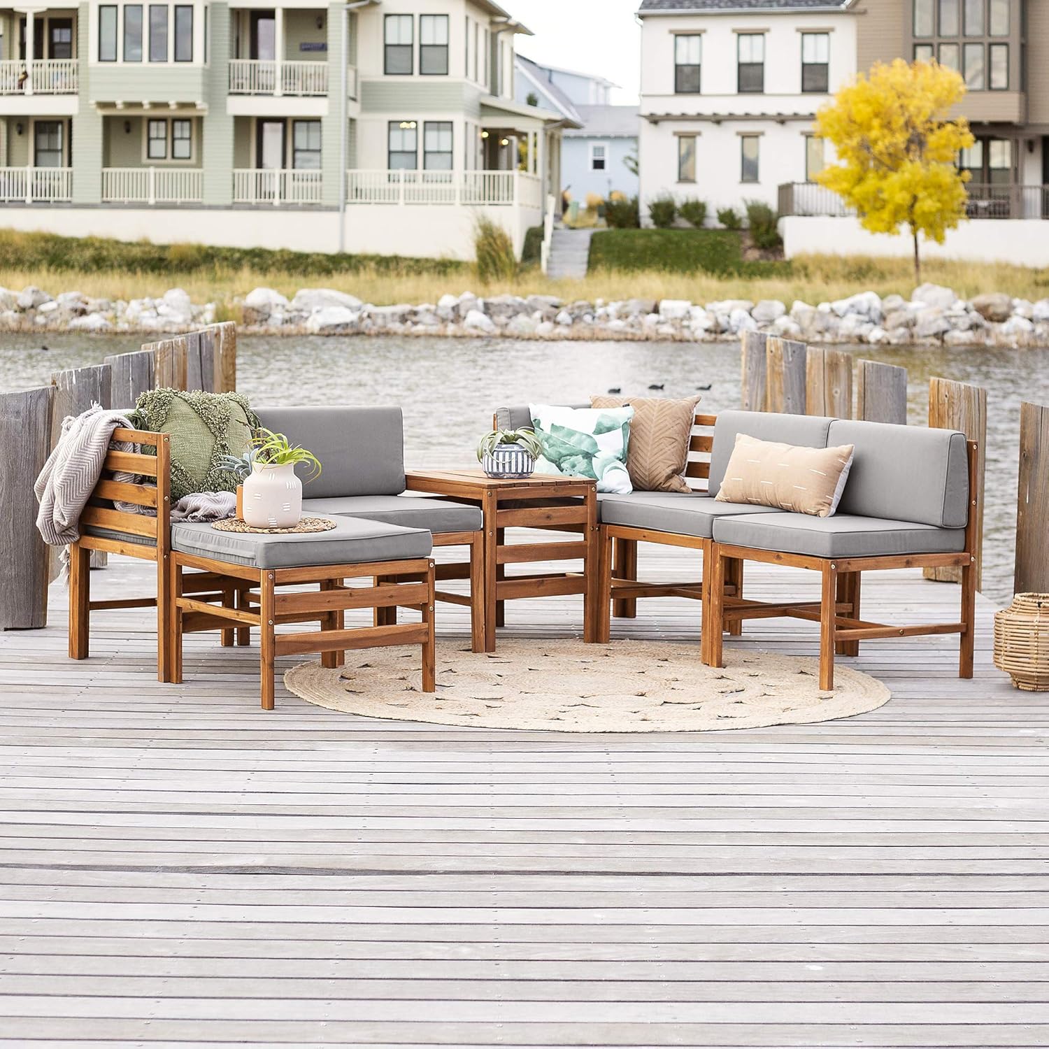 Walker Edison Raya Modern 7 Piece Modular Solid Acacia Wood Patio Set, Set of 7, Brown : Garden & Outdoor