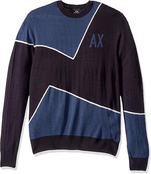 Armani Exchange AX Men's AX Logo Geometric Colorblock Acrylic/Wool Pullover Sweater, Navy 