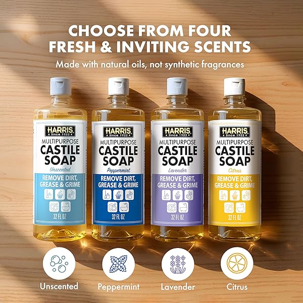 HARRIS MULTI-PURPOSE PURE LIQUID CASTILE SOAP FOR HOME CLEANING, MULTI-PURPOSE CLEANER, FOR DISH SOAP, LAUNDRY DETERGENT, KITCHEN AND BATHROOM SURFACES, KIDS ROOMS, UNSCENTED, 32 OZ