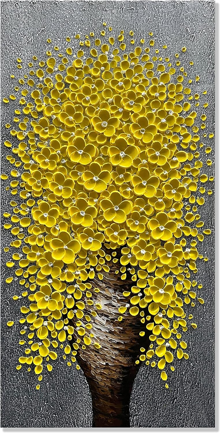 Paintings - Alenoss Hand Painted 3D Modern Oil Paintings 24x48 Inches Yellow Floral Abstract Vertical Canvas Wall Art Large Flowers Wall Paintings for Dining Room Hallway Living Room Wall Decor