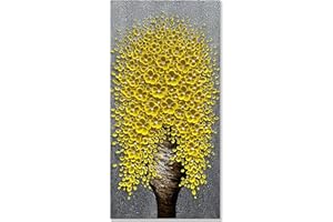 Alenoss Hand Painted 3D Modern Oil Paintings 24x48 Inches Yellow Floral Abstract Vertical Canvas Wall Art Large Flowers Wall Paintings for Dining Room Hallway Living Room Wall Decor
