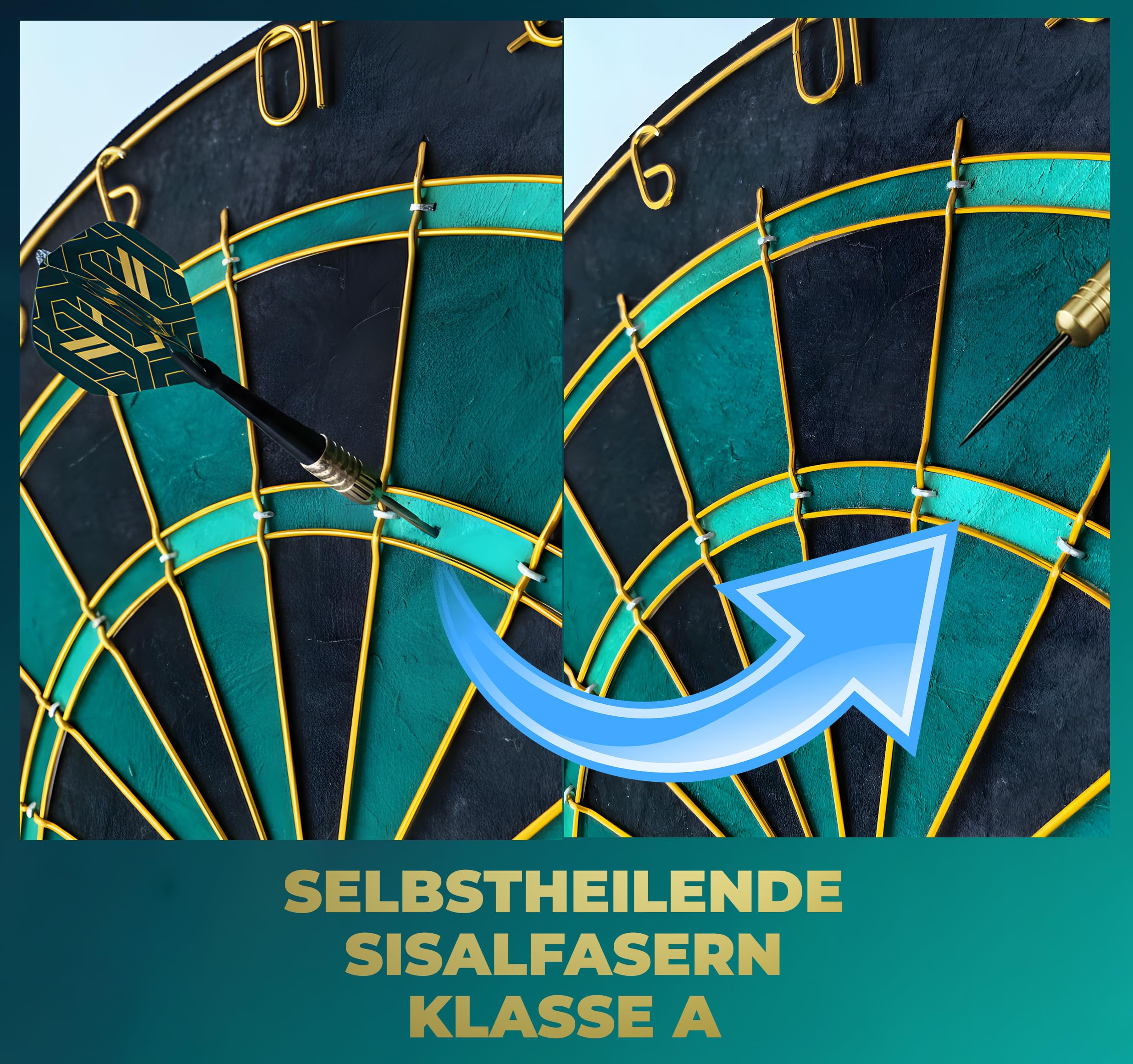 Dartscheibe Dartboard Sisal Professionell Türkis mit Goldener Zahlenring & Pfeilen - Profi Steeldartscheibe - Dart Scheibe Target mit 6 Dartpfeilen Metallspitze golddart Flight Barrels shafts schäfte 4