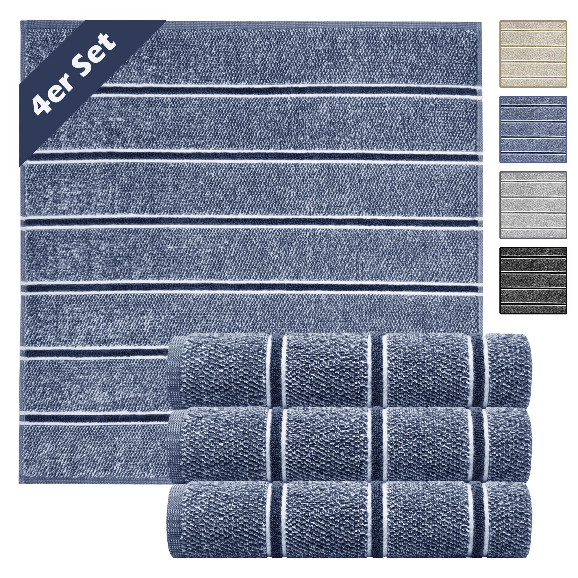 Lashuma Set of 4 Terry Tea Towels 100% Cotton Tea Towels in Great Trendy Colours, 100% Cotton, Streifen-blau, 50 x 50 cm