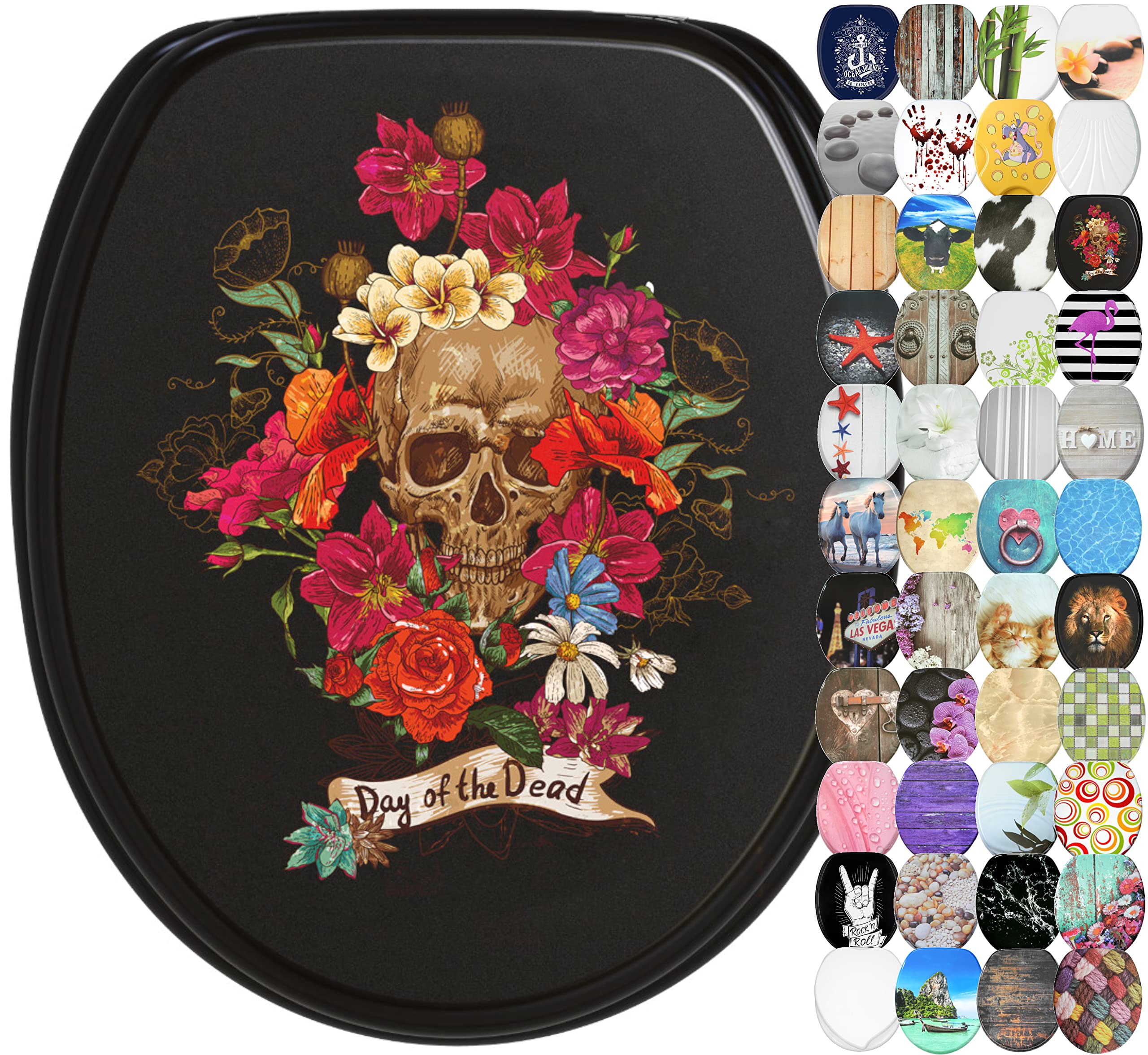 Sanilo Soft Close Toilet Seat, Wide Choice of Beautiful Toilet Seats, Stable Hinges, Easy to Mount (Day of The Dead)