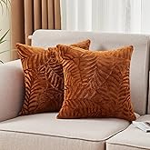 SOCHOW Fall Decorative Throw Pillow Covers 18x18 Inches Set of 2, Soft Leaves Textured Flannel Fleece Pillowcase Square Cushion Covers for Sofa Couch Bed, Caramel