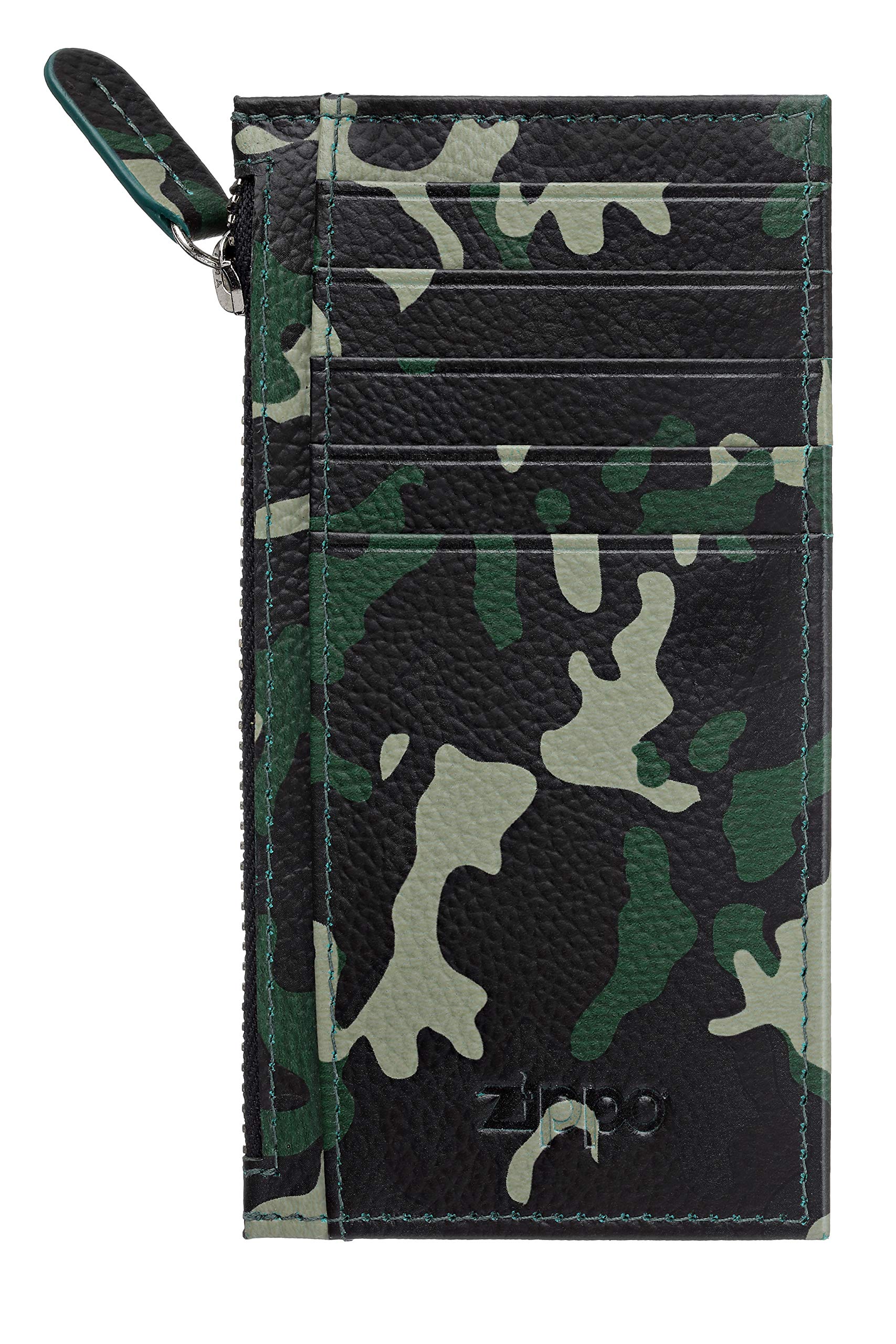 Zippo - Card Case, Leather, Green Camouflage, Credit Card Holder for Women and Men, 5 Card Slots, 2 Slip Pockets, 1 Coin Compartment