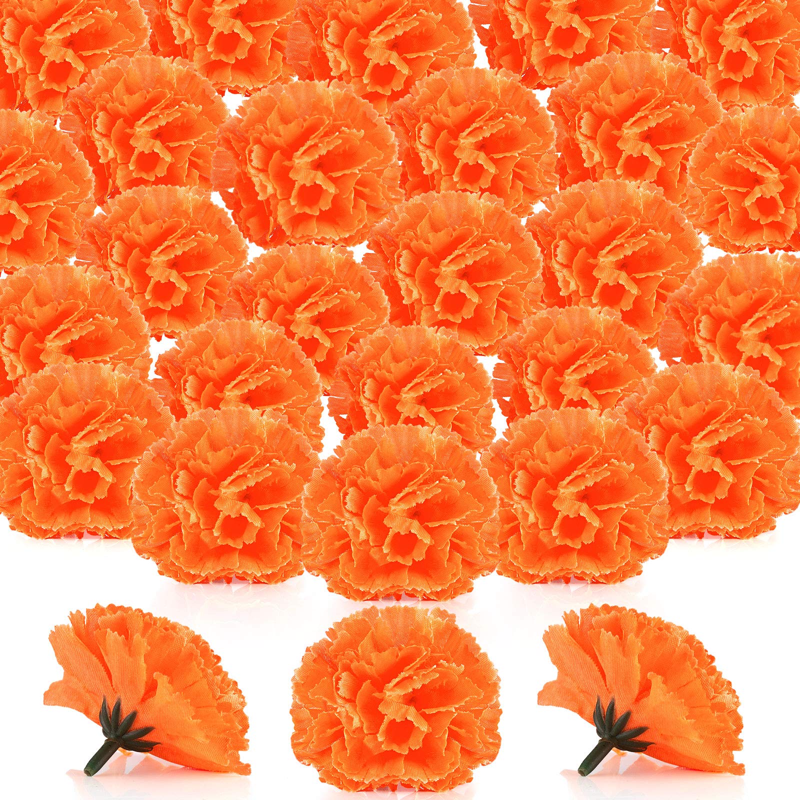 Syhood 50 Pcs Day of The Dead Marigold Flower Bulk Fiesta Flowers Artificial Dia De Los Muertos Decorations for Mexican Backdrop Party Floral with Stems DIY Marigold Garland