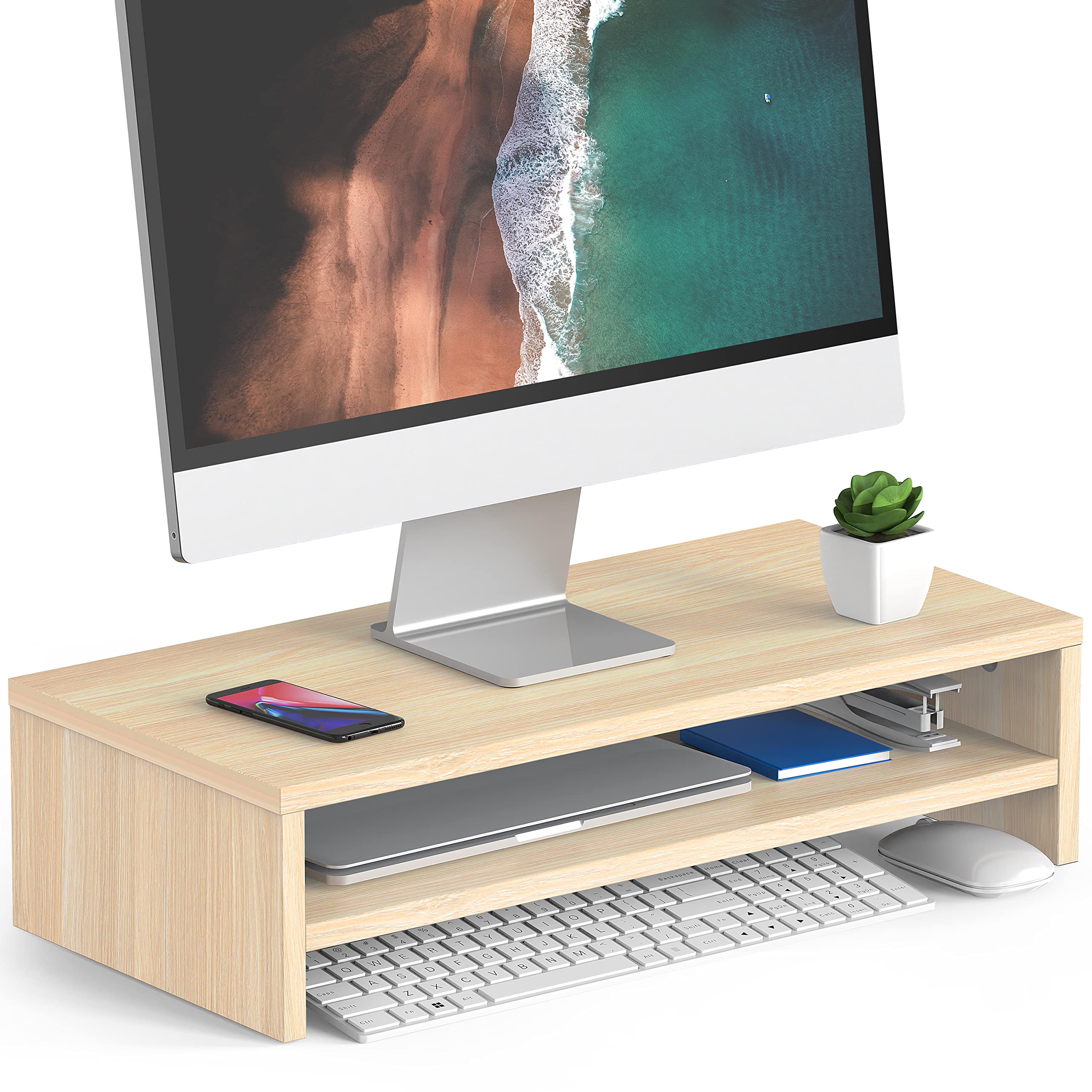 FITUEYES Monitor Stand 2 Tiers Computer Monitor Riser,54cm Wood Desktop Stand for Laptop Computer Screen Riser, with Storage Shelf, Office Supplies, Desk Organizer, Oak