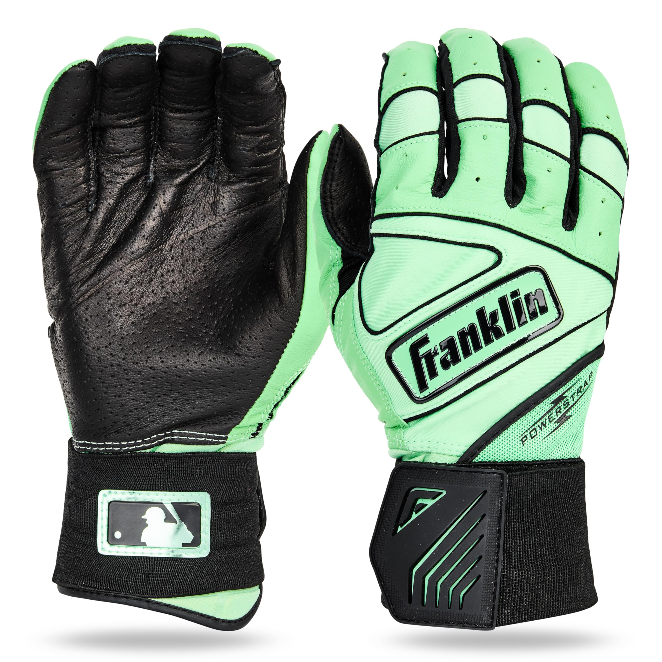 Franklin Sports MLB Batting Gloves - Infinite Powerstrap Baseball + Softball Batting Gloves - Durable Full Wrap Cage Practice Gear - Long Cuff Wrist + Heavy Duty Leather - Black/Mint - Youth Small Image