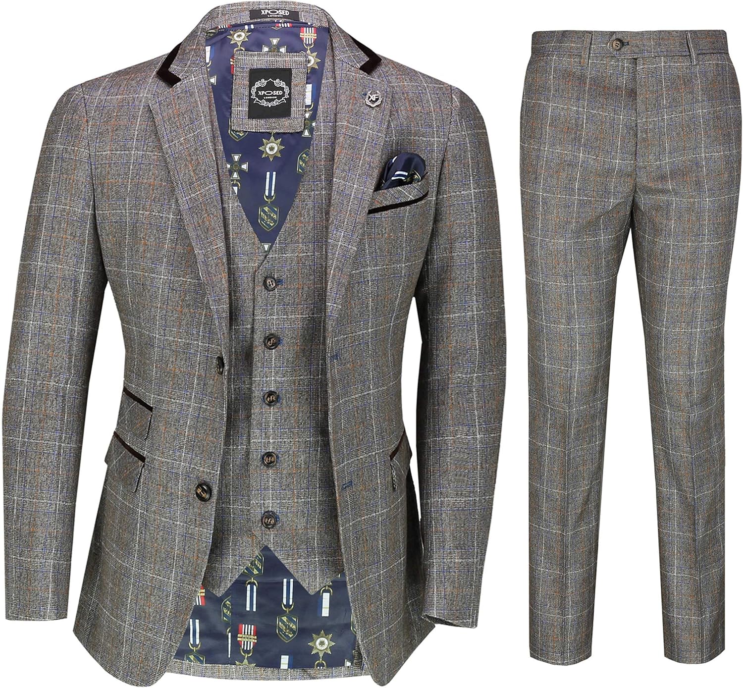 Xposed Herren 3 Teiliger Tweed Anzug Gatsby Retro Prince Of Wales Karo Smart Tailored Fit Jacke Hose Weste Herren Bekleidung
