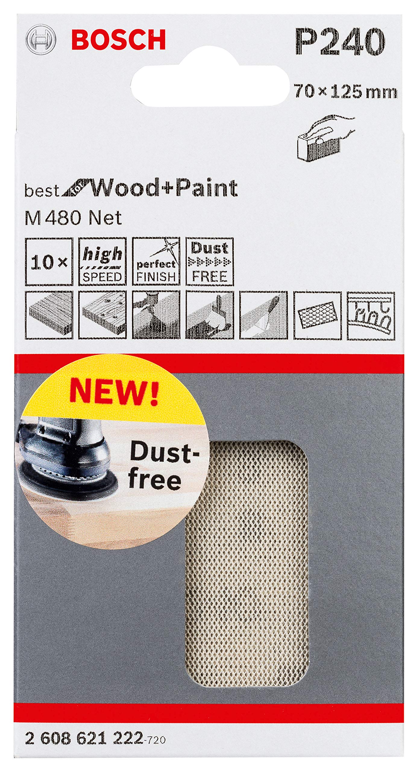 Bosch Professional Set of 10 Sanding Sheets M480 Best for Wood and Paint (Wood and Paint,70 x 125 mm, grit G240, Accessories for Hand Sanding)