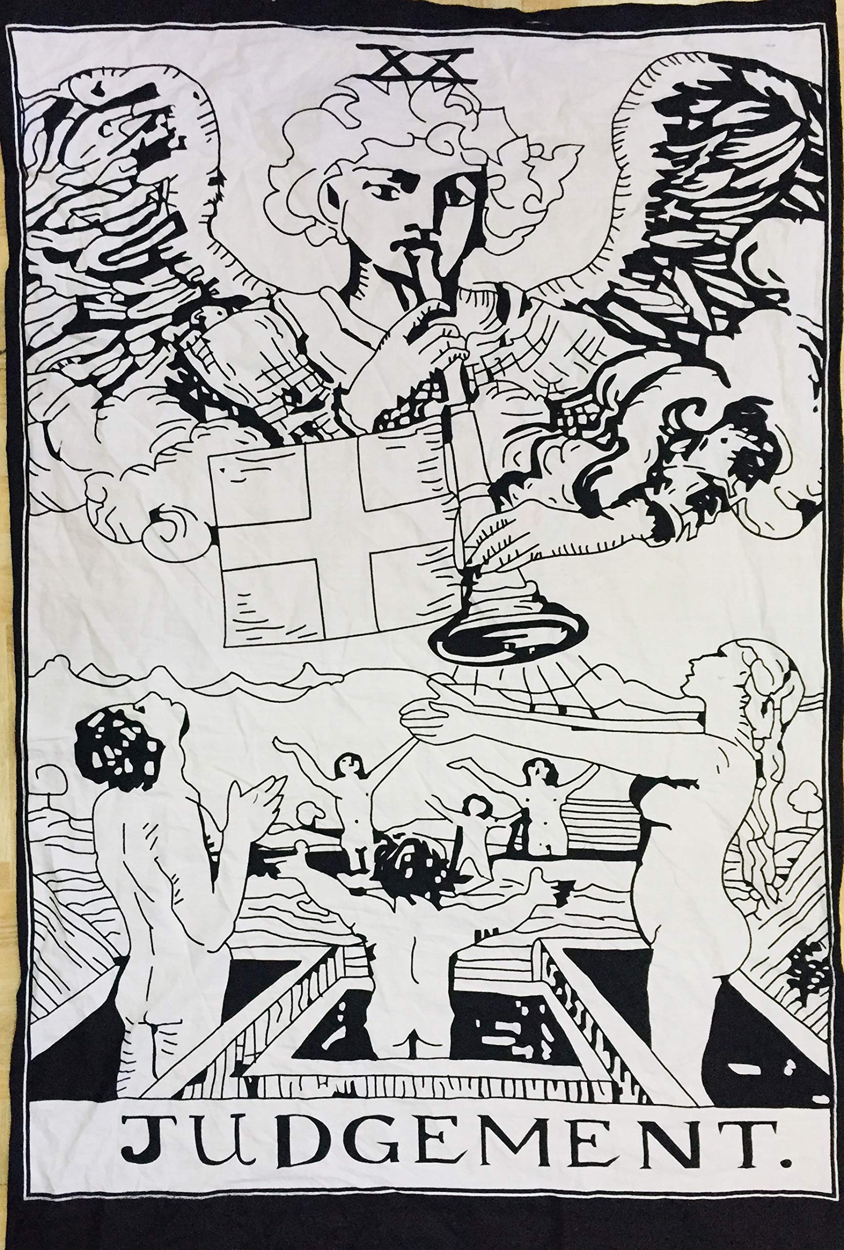 Indian Consigners Tarot Wall Tapestry – Judgement Card Design – Black & White Cotton Banner for Mystical Home Decor, Tarot Reading Space, Spiritual Wall Hanging, Boho Altar Cloth