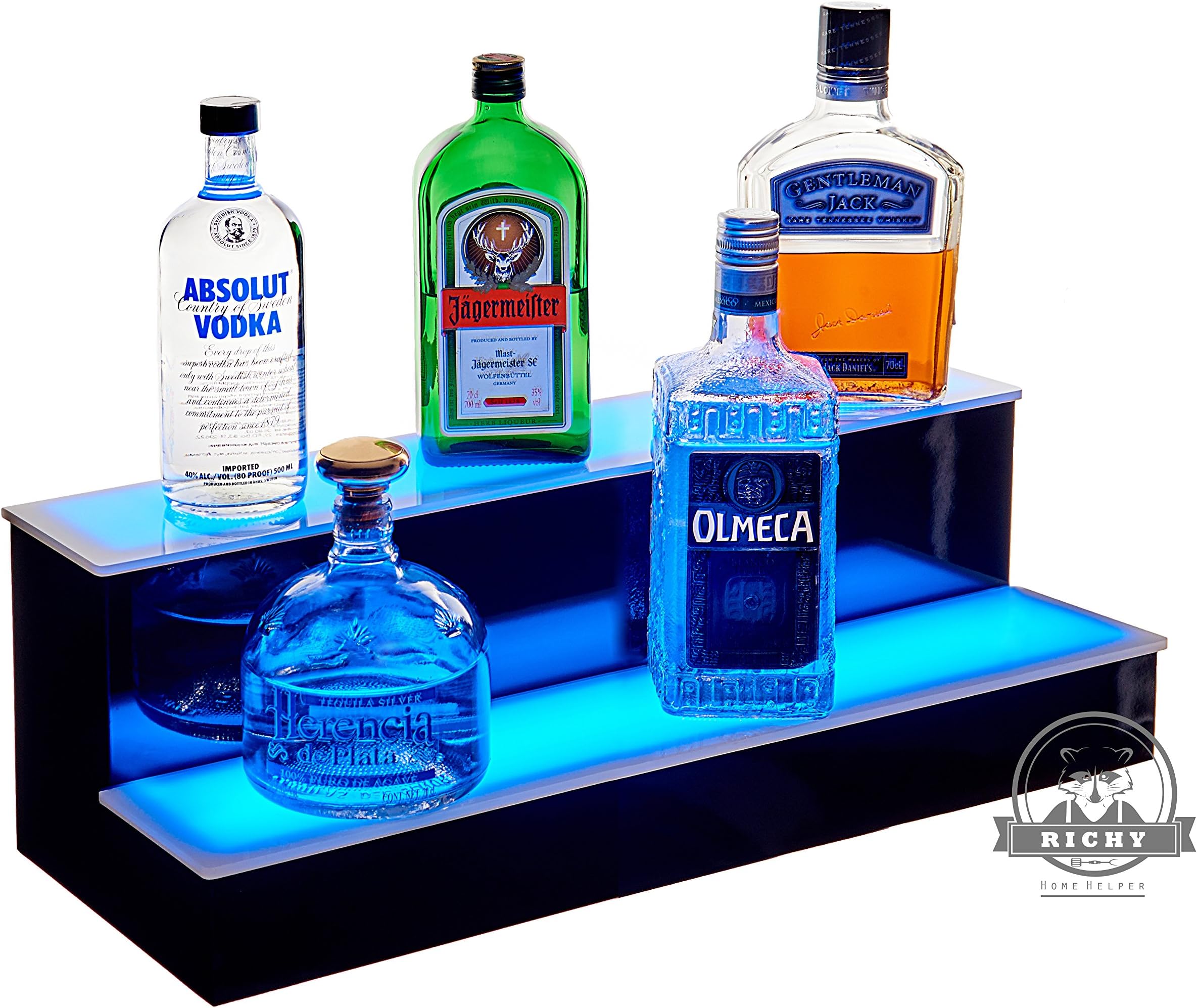 RichyHomeHelper 2 Step Led Lighted Bottle Display Shelf with LED Color Changing Lights, LED Lighting Packed 44 Key, IR Remote Control (24" 2)