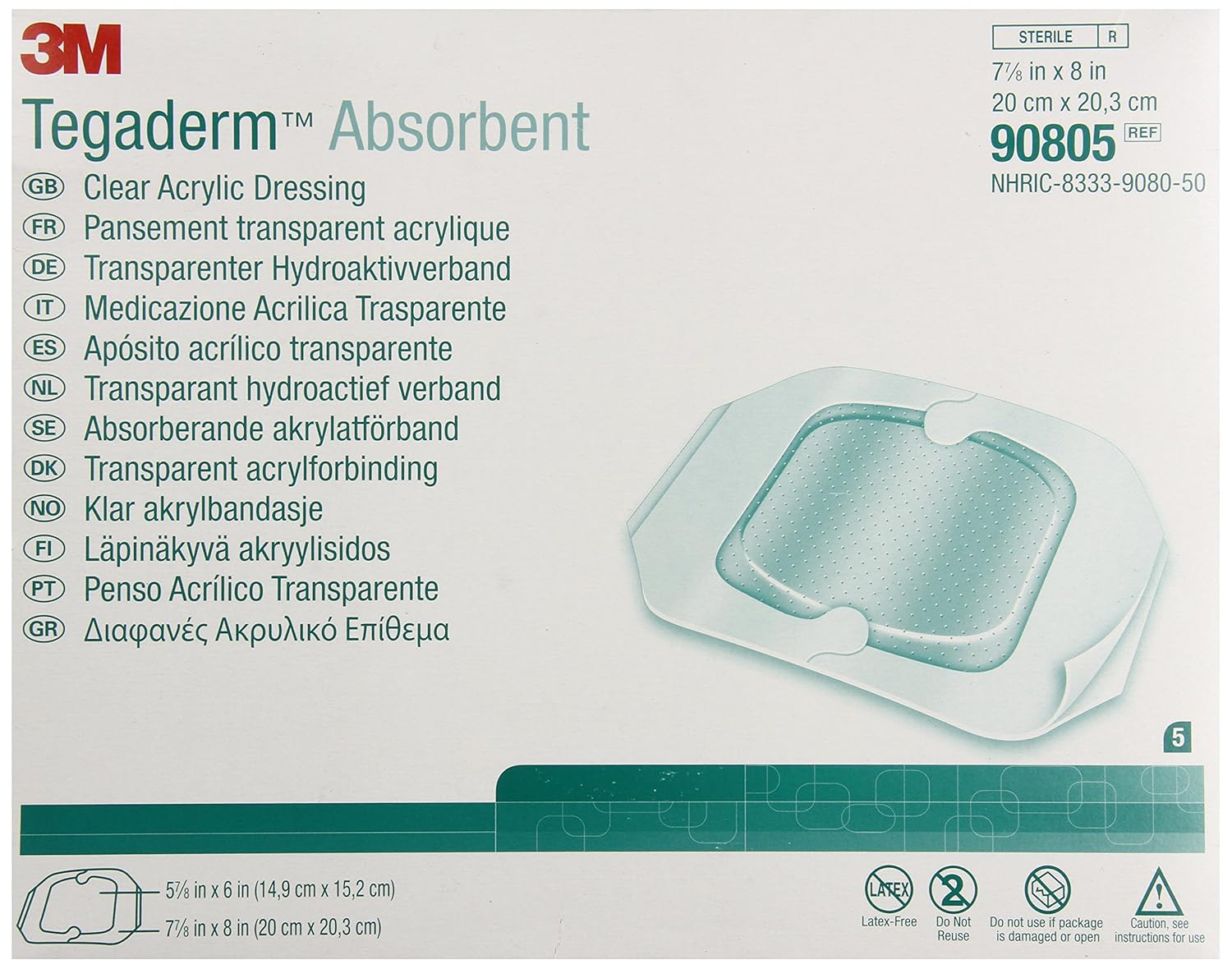 3M Tegaderm Absorbent Clear Acrylic Dressing, Large Square