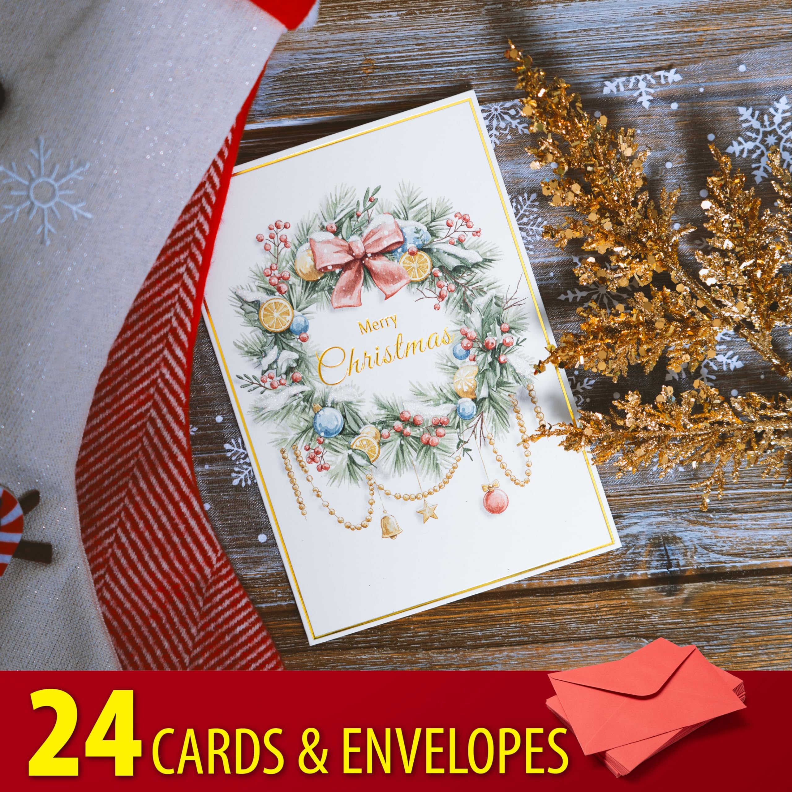 24 Christmas Cards Assortment, Festive Gold Foil Glitter Watercolor Bulk Xmas Cards with Envelopes & Messages - 6 Patterns, 4 3/4
