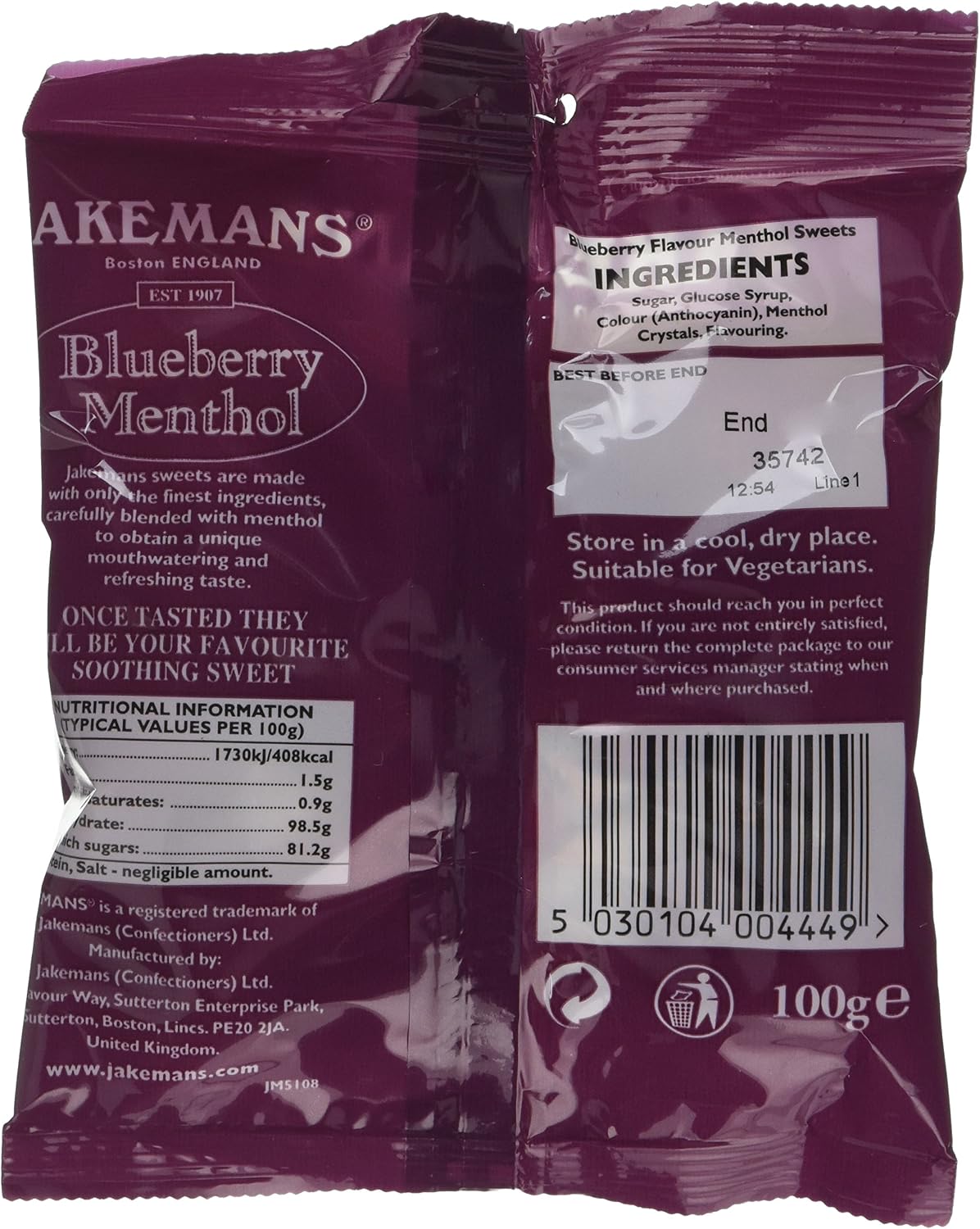 Jakemans Blueberry Flavour 100g Bags - Pack of 10 - Soothing menthol sweets - Suitable for vegetarians, Purple, 100 g (Pack of 10) - Image 3