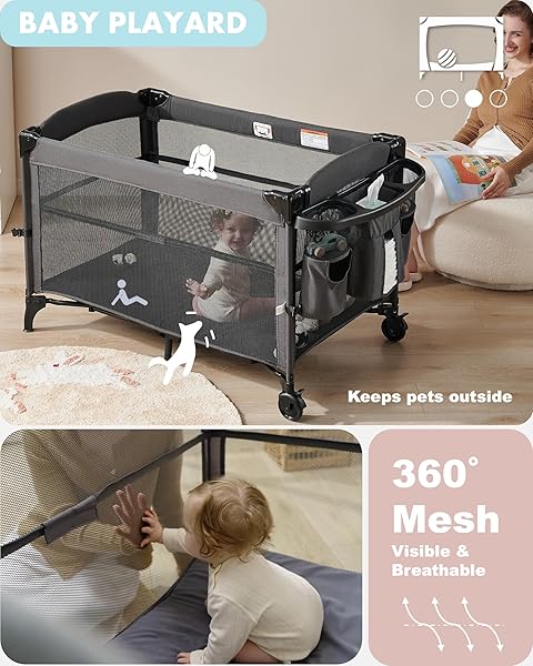 AIRCLUB 4 IN 1 BABY BASSINET BEDSIDE SLEEPER, 4 FUNCTIONS CRIB, PLAYARD, PORTABLE CHANGING TABLE, BASSINET FOR NEWBORN BABY, BEDSAIDE BED W/WHEELS&BRAKES
