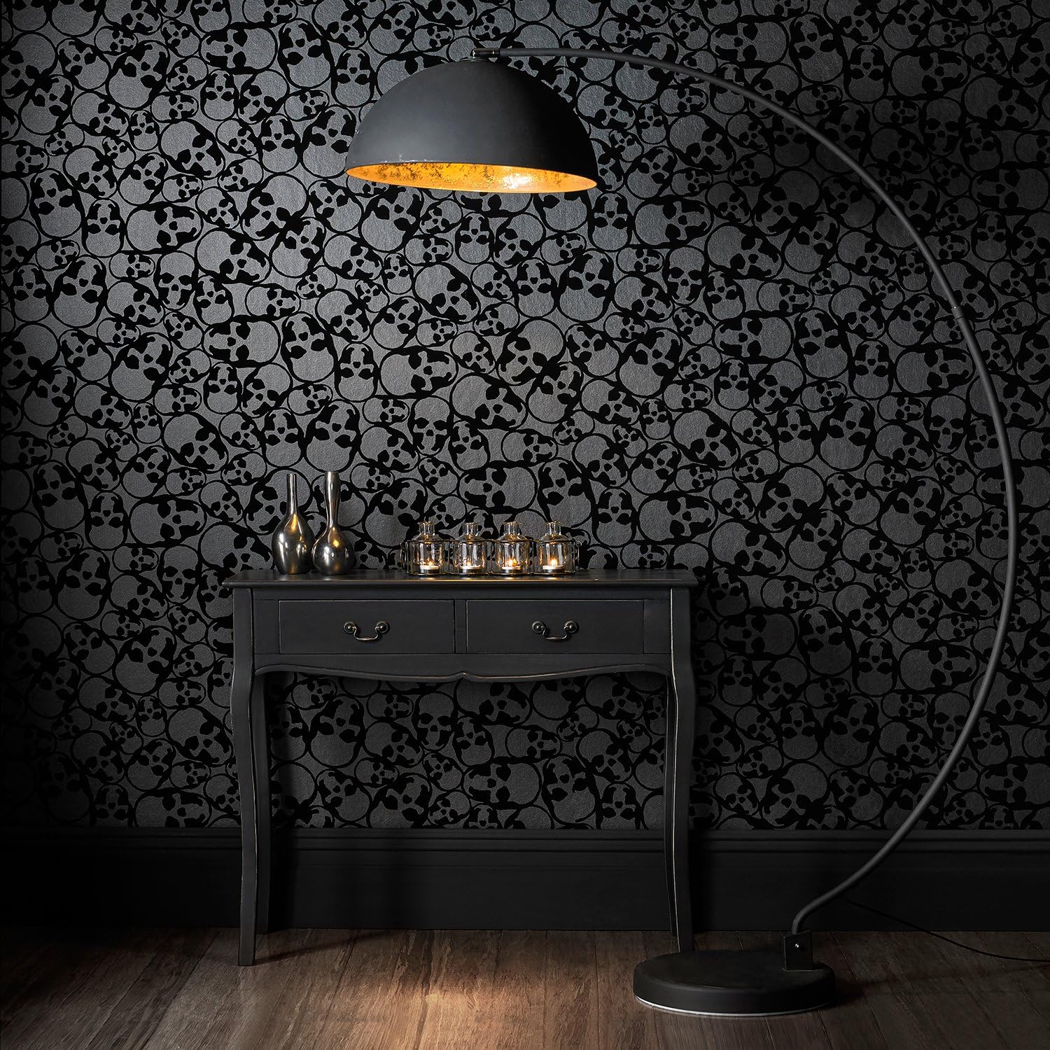 Barbara Hulanicki Designer Black Skulls Print Flocked Luxury Wallpaper, 20 x 396 cm - Image 5