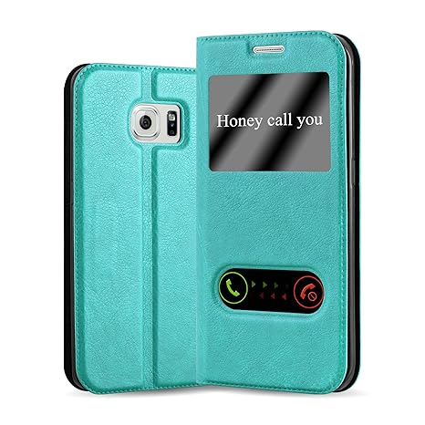 Cadorabo Hülle für Samsung Galaxy S6 Edge - Hülle in Mint TÜRKIS – Handyhülle im Standfunktion und 2 Fenstern (View Design) -