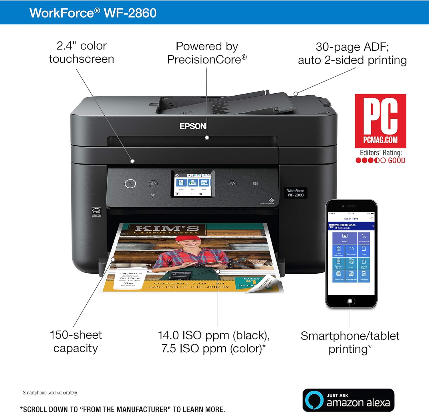 Epson Workforce WF-2860 All-in-One Wireless Color Printer with Scanner, Copier, Fax, Ethernet, Wi-Fi Direct and NFC,  Dash Replenishment Ready: Electronics