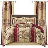 LANCO MODERN LIFESTYLE King Comforter Set, Wine Gold Medallion Jacquard Design, Luxurious Bohemian 9 Pieces Bedding Set with Curtains, Decorative Pillows and Bed Skirt